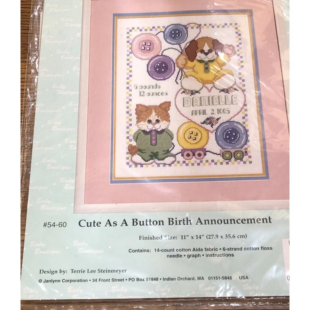 JANLYNN Counted Cross Stitch Kit CUTE AS A BUTTON BIRTH‎ ANNOUNCEMENT 54-60 Cat